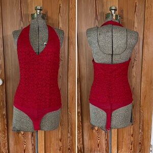 Bebe Lolita Red Lace Floral Halter Sexy Bodysuit - Size M